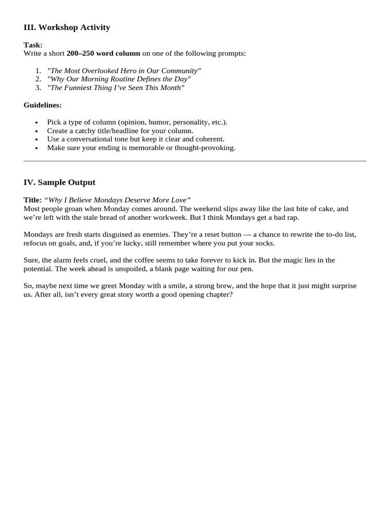 Engaging Column Writing Prompts | PDF