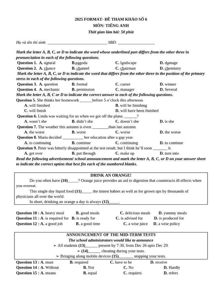 2025 English Exam Practice Paper 6 | PDF | Pain Management | Pain