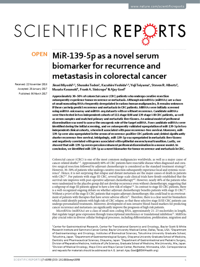 Mi R 139 5p As A Novel Serum Biomarker For Recurrence and Metastasis in ...