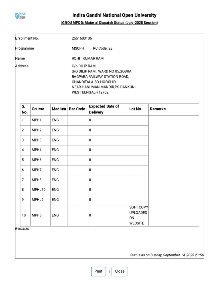 IGNOU - Student Material Status | PDF