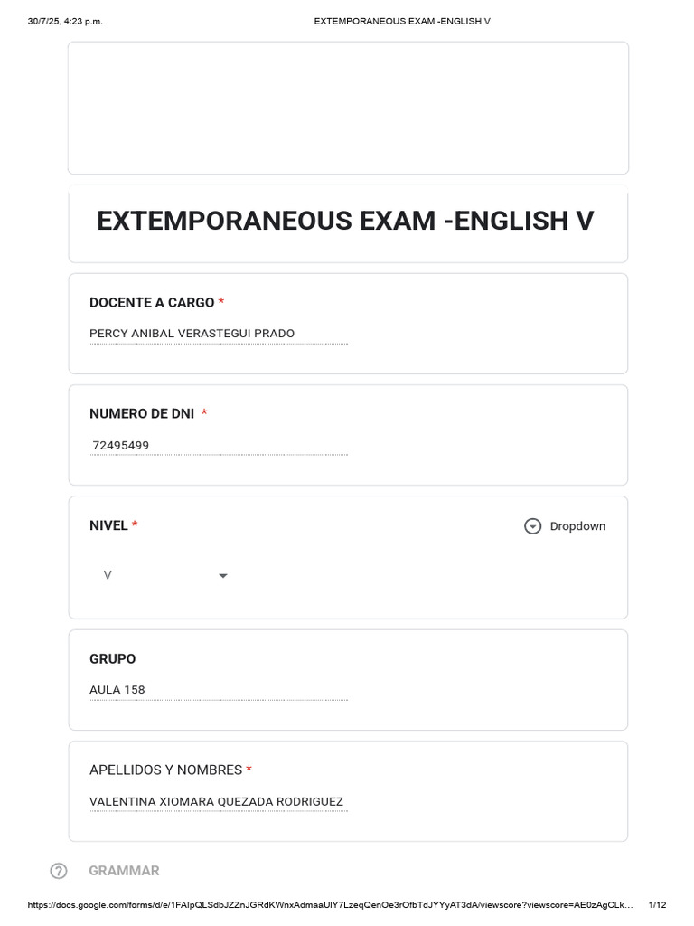 Extemporaneous Exam - English V | PDF