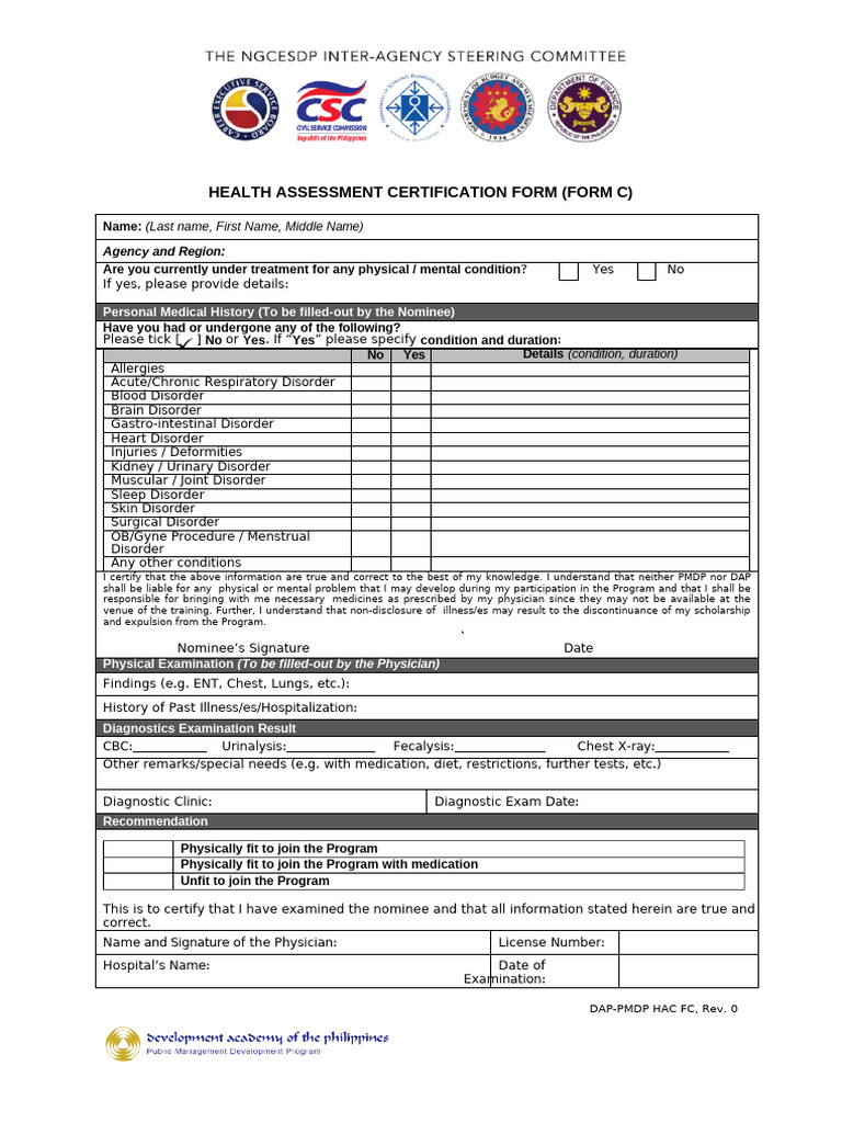Health Assessment Certification Form C | PDF | Physical Examination ...