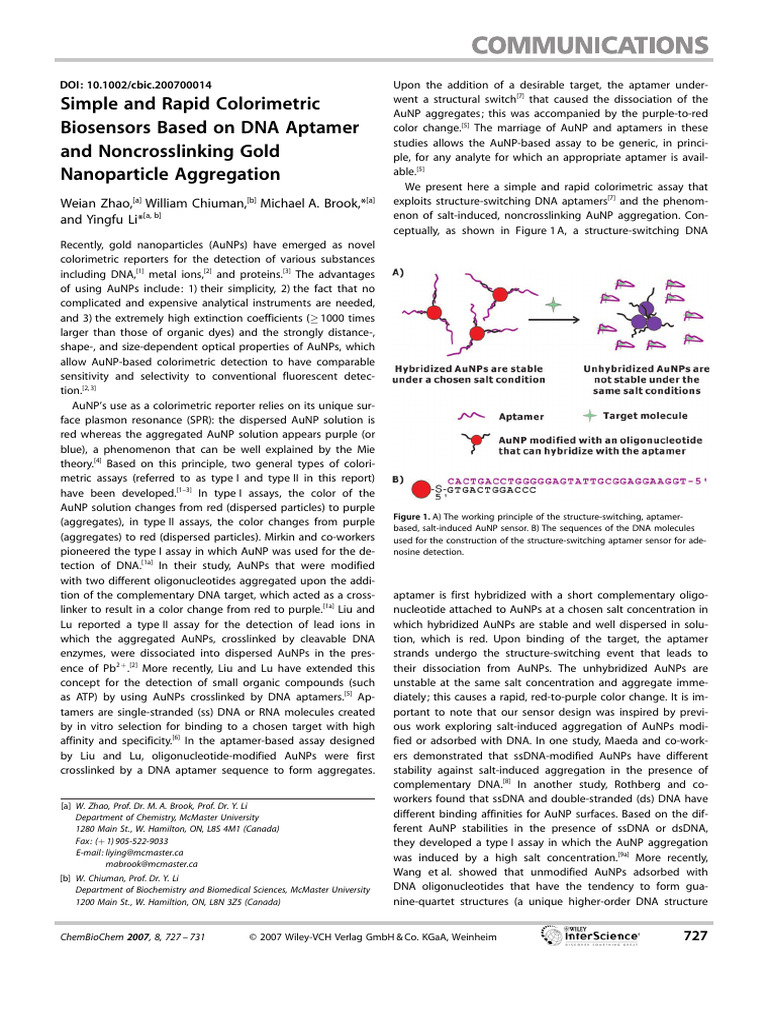 Colorimetric DNA Aptamer Biosensors | PDF | Surface Plasmon Resonance | Dna