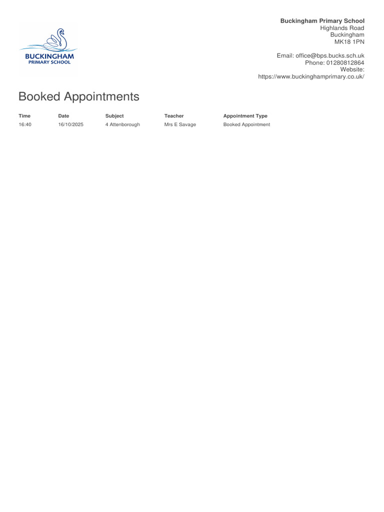 Booked Appointments: Time Date Subject Teacher Appointment Type | PDF