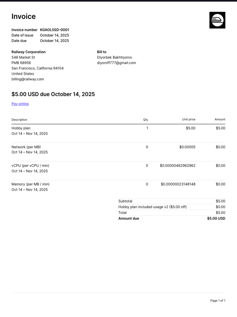 Invoice for Hobby Plan Subscription | PDF