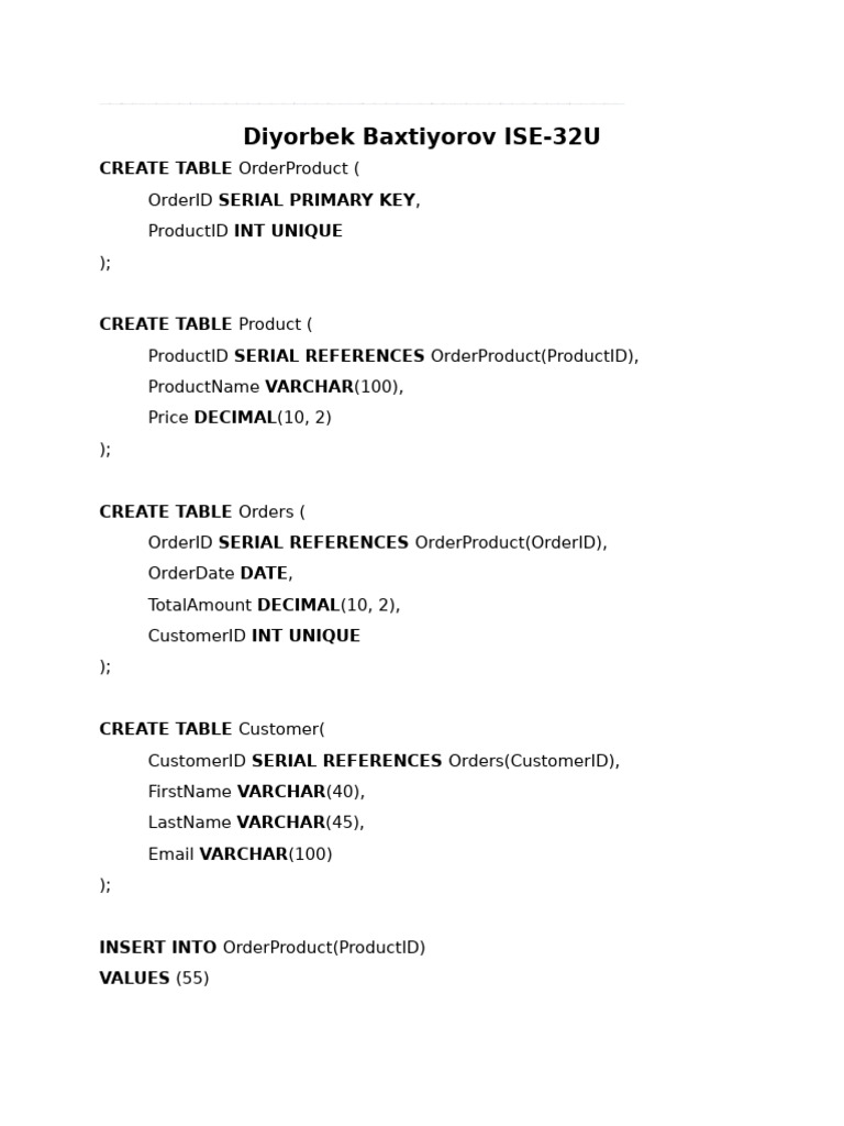 SQL Database Schema for Orders System | PDF