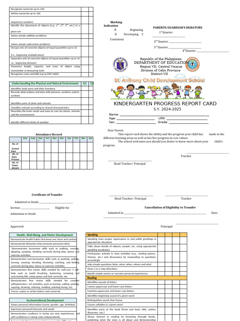 Kindergarten Progress Report Card 2024 | PDF | Cognitive Science | Learning