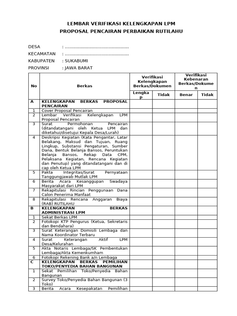 Verifikasi Kelengkapan Proposal RUTILAHU | PDF