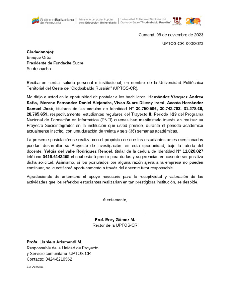 Postulación de Proyectos Estudiantiles UPTOS-CR | PDF