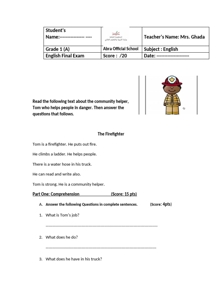 Grade 1 English Exam: Community Helpers | PDF
