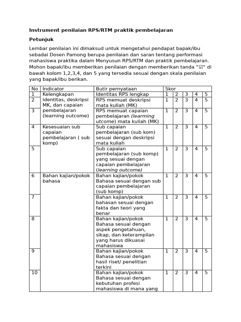 Penilaian RPS/RTM Praktik Pembelajaran | PDF