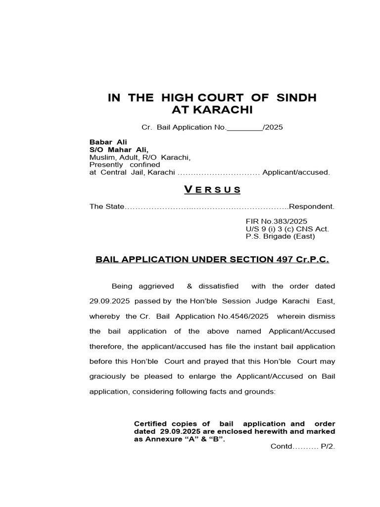 Bail Application for Babar Ali, CNS Act | PDF | Bail | Crimes