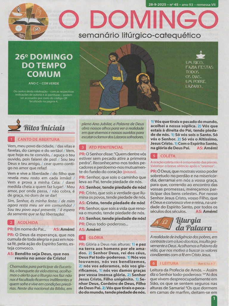 Folheto 26º Domingo Do Tempo Comum 2025 | PDF