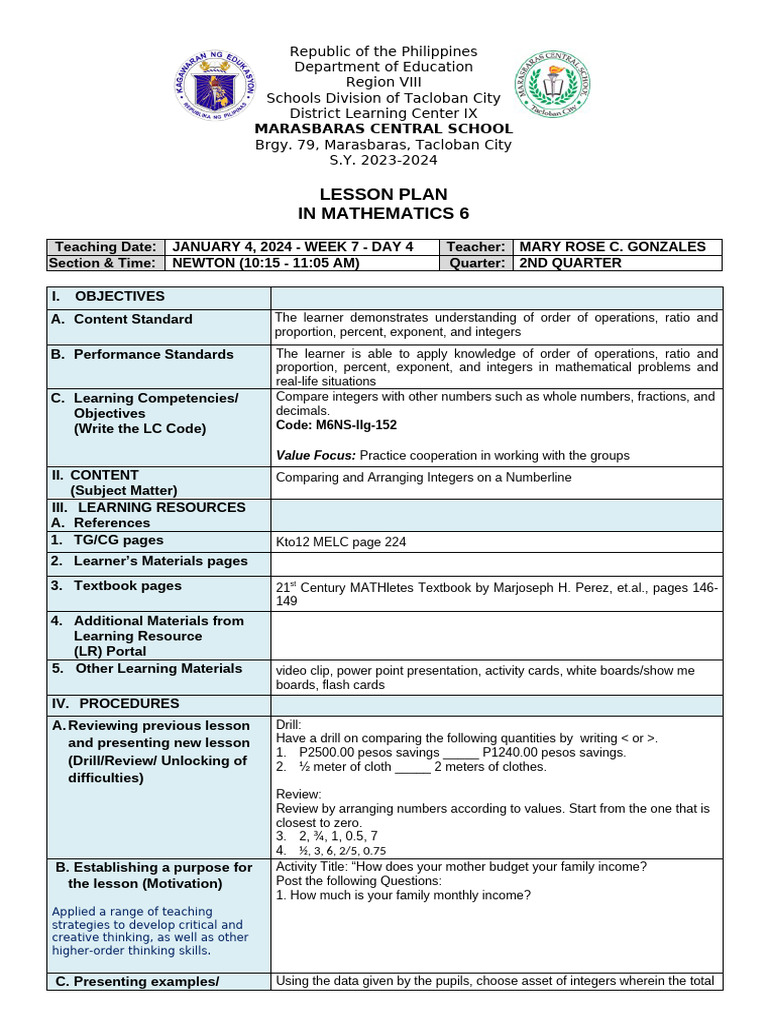 Grade 6 Math Lesson Plan: Integers | PDF | Ratio | Learning