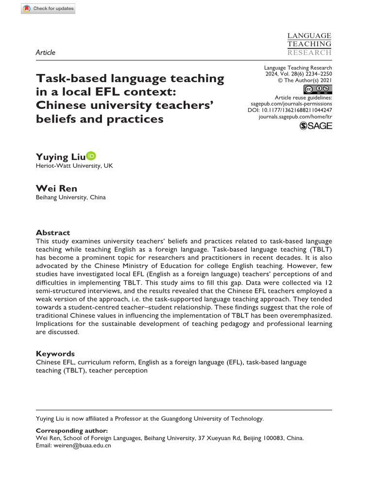 Chinese EFL Teachers' TBLT Practices | PDF | Teachers | Learning