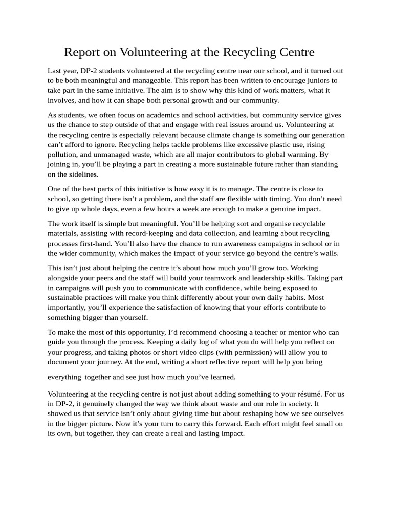 Volunteering Impact at Recycling Centre | PDF | Recycling | Climate Change