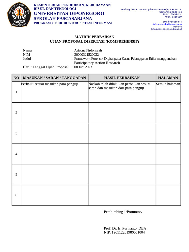 Matriks Perbaikan Ujian Proposal Disertasi - Prof Purwanto | PDF
