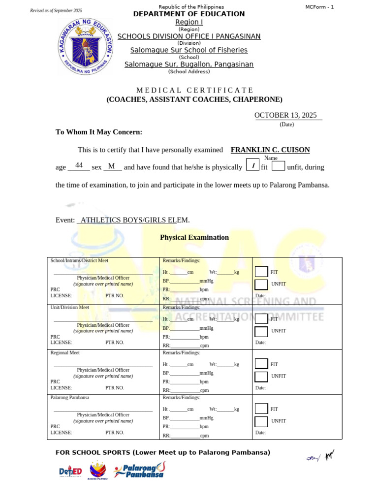 Medical Form 1 For Coaches Asst Coaches Chaperones v2025 | PDF | Public ...