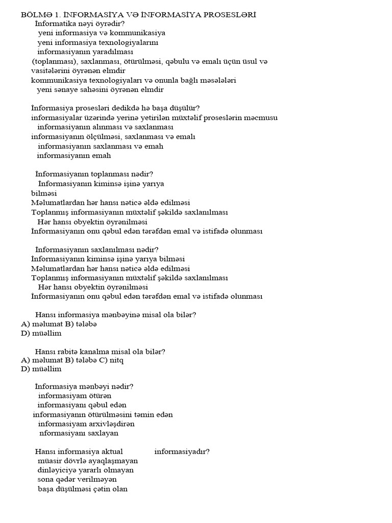 Bölmə 1. İnformasi̇ya VƏ İnformasi̇ya Prosesləri̇ | PDF
