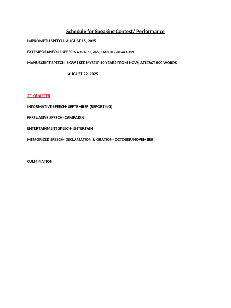Schedule For Speaking Contest ORAL COMMUNICATION | PDF