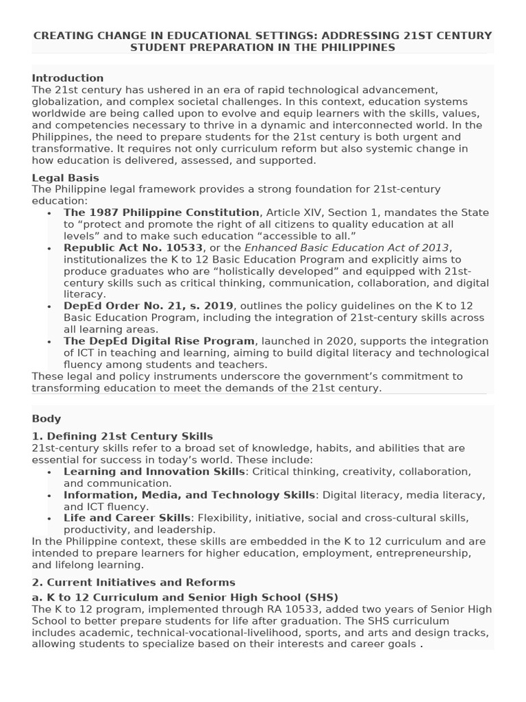 21st Century Education Reform in the Philippines | PDF | Curriculum ...