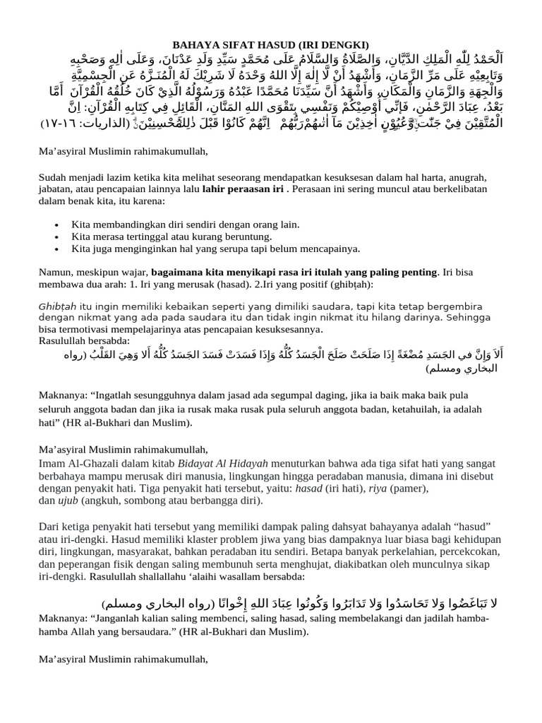 Bahaya Sifat Hasud dalam Kehidupan | PDF