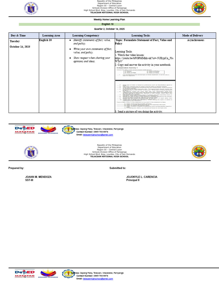 English 10 Weekly Learning Plan | PDF
