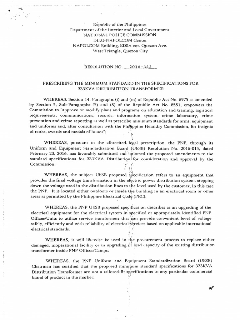 NAPOLCOM Res 2016-342 Re 333KVA Distribution Transformer | PDF