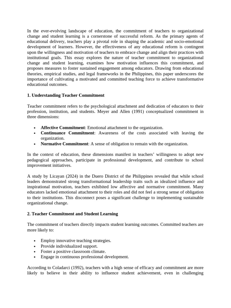 Enhancing Teacher Commitment in Education | PDF | Motivational | Motivation