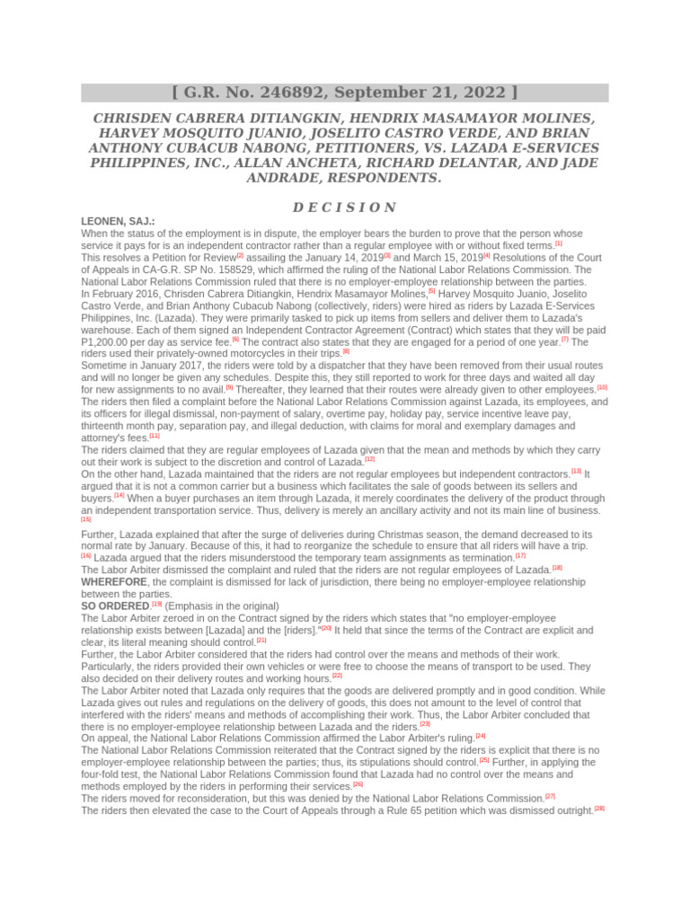 Lazada Riders Employment Dispute | PDF | Employment | Appellate Court