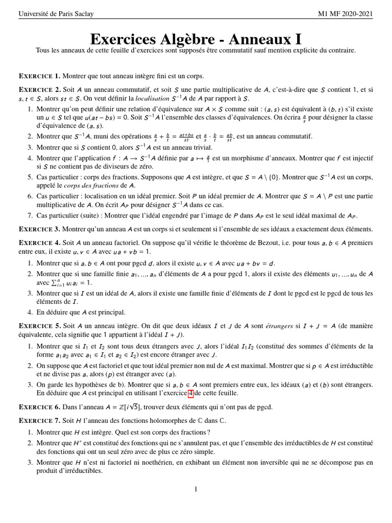 Exercices d'Algèbre sur les Anneaux | PDF | Corps commutatif | Anneau ...