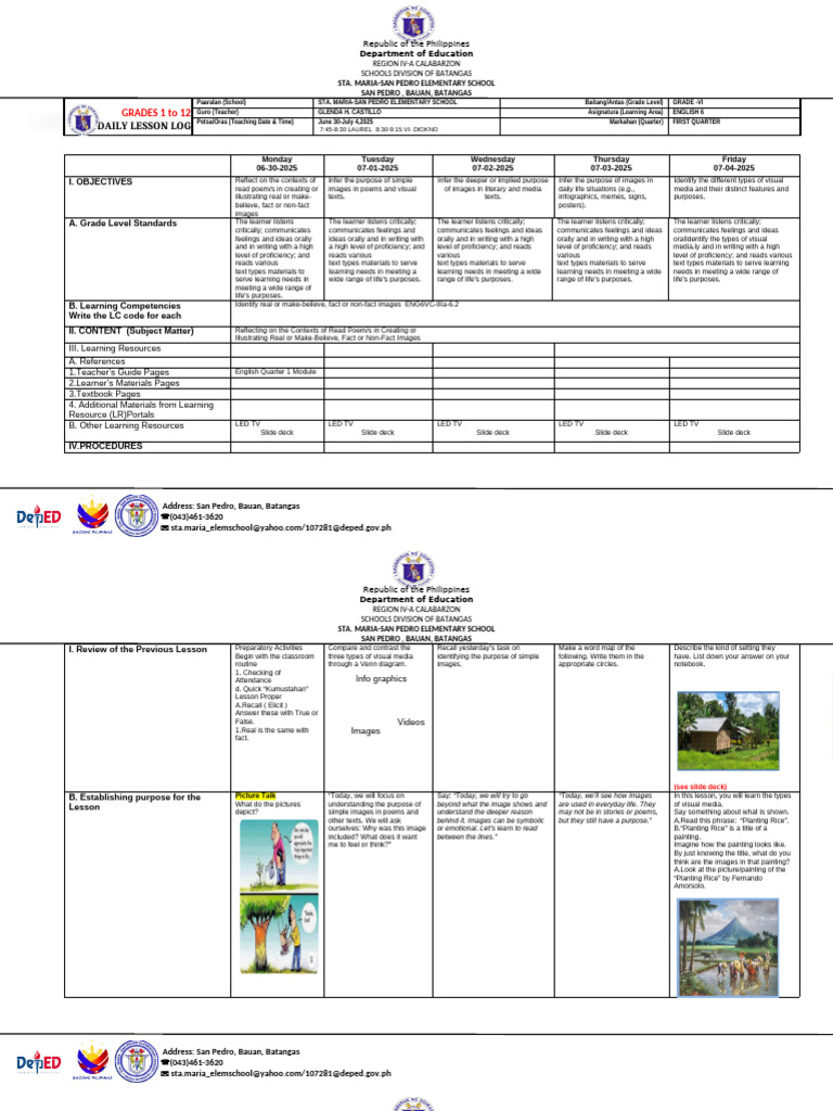 Grade VI English Lesson Plan: Visual Media | PDF | Image | Learning