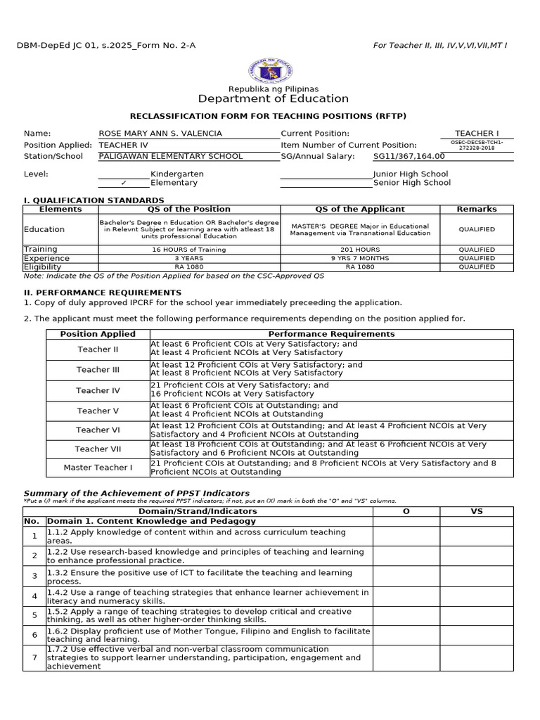 Teacher IV Reclassification Form | PDF | Educational Assessment | Learning