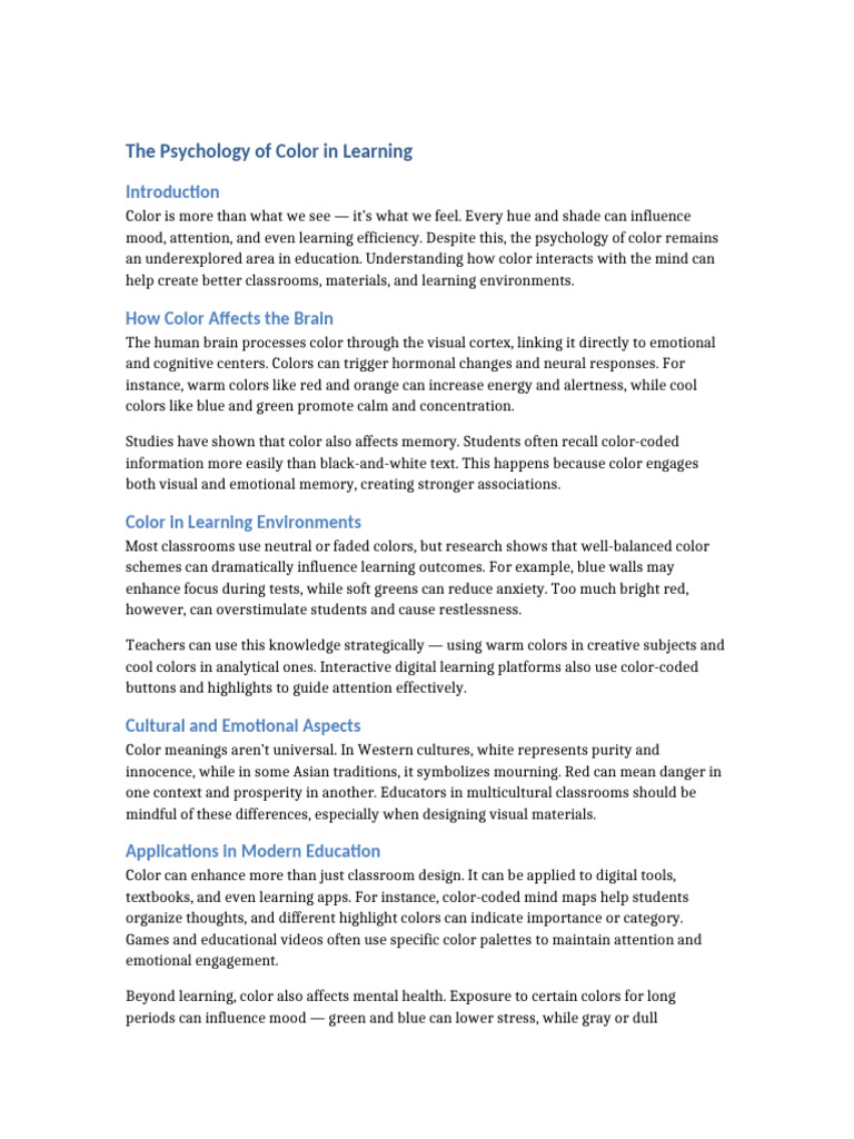 Color Psychology in Education | PDF | Color | Perception