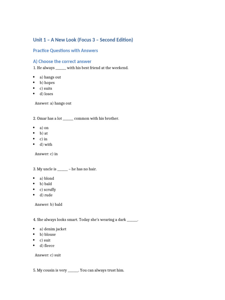 Practice Questions for Focus 3 Unit 1 | PDF | Chess Openings | Chess