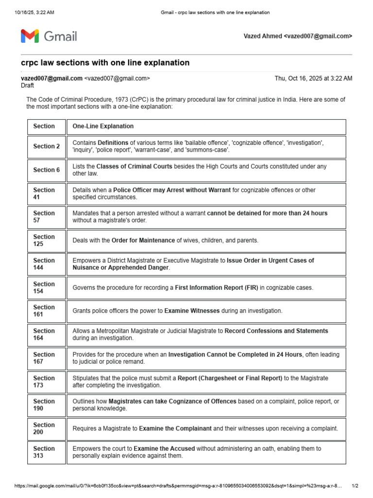 Gmail - CRPC Law Sections With One Line Explanation | PDF | Bail ...