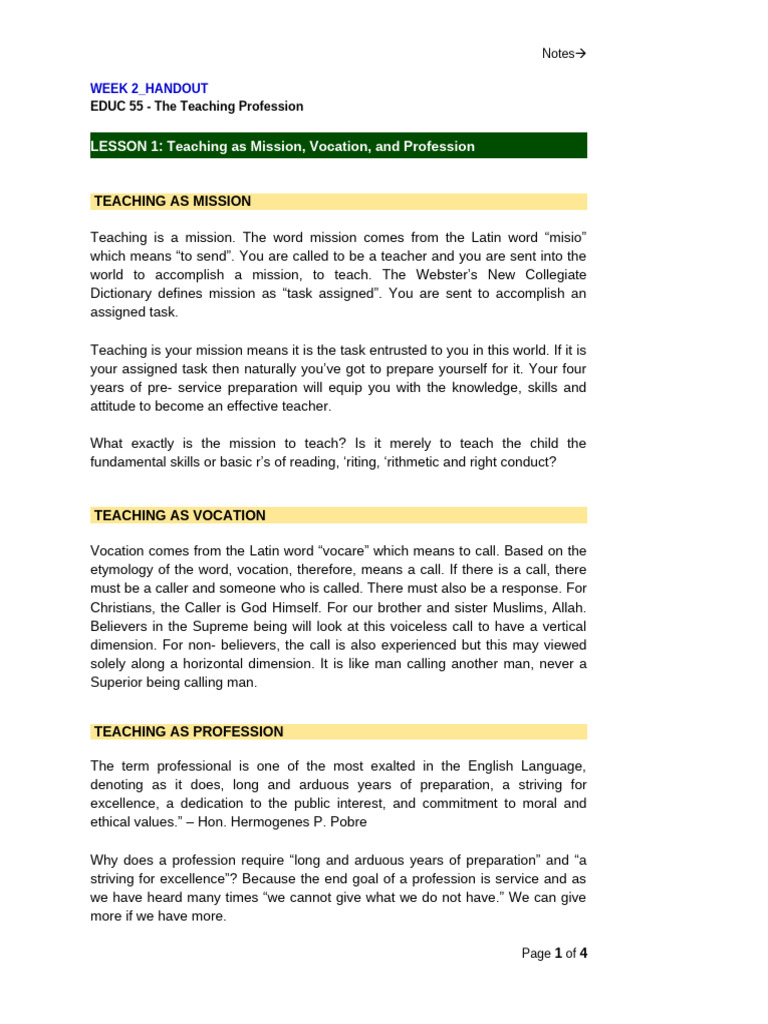Handout - Educ55 1. Teaching As Mission Vocation and Profession | PDF