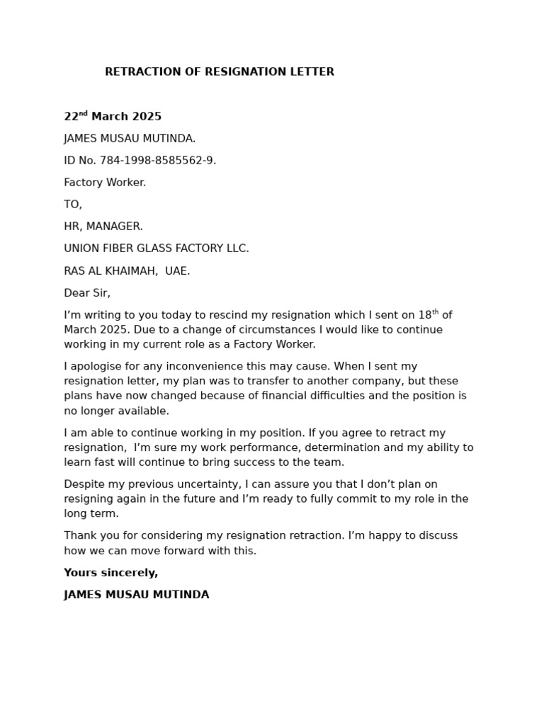 Retraction of Resignation Letter | PDF