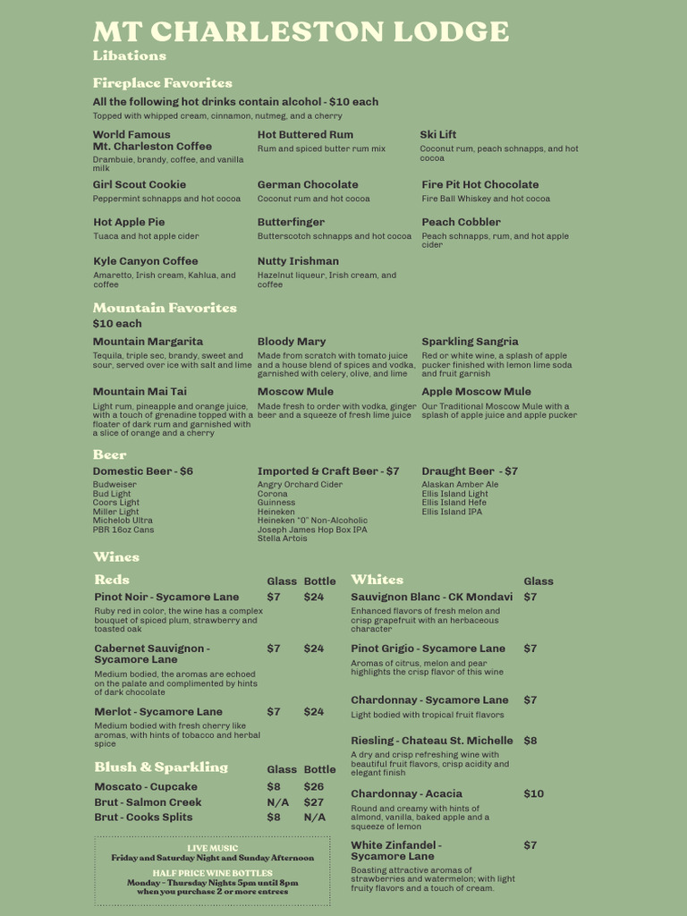Mountain Lodge Drink Menu | PDF | Sausage | Bacon