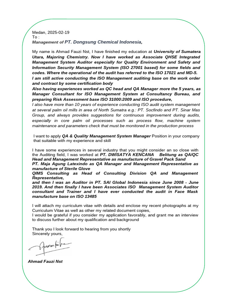 Application for QA & Quality Manager Role | PDF