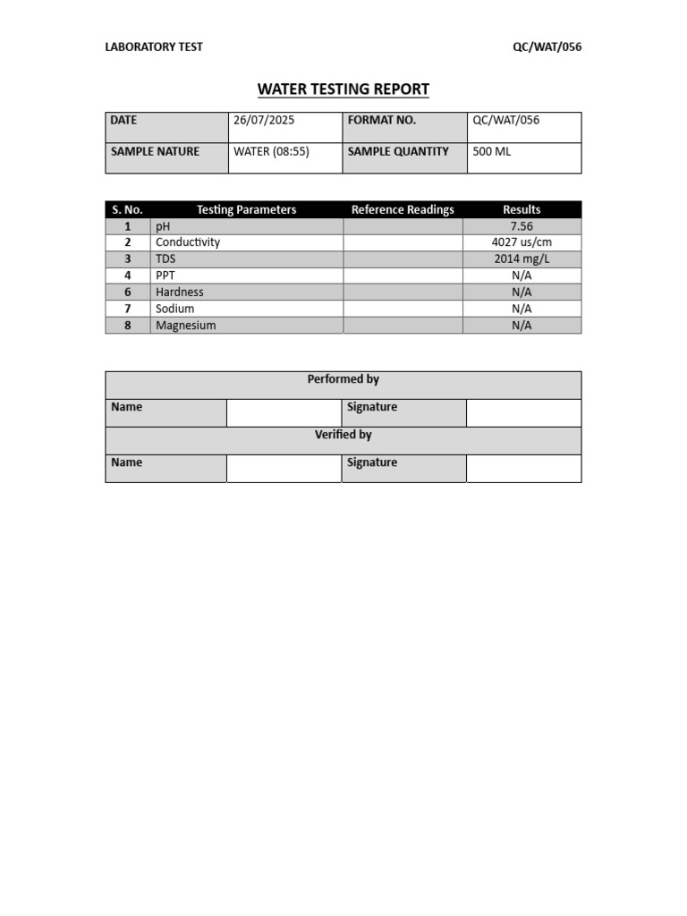 Water Testing Report QC/WAT/056 | PDF
