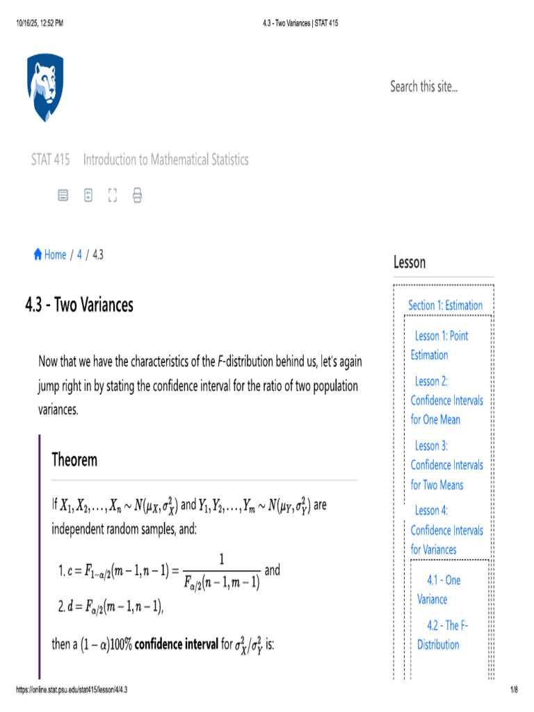 4.3 - Two Variances - STAT 415 | PDF