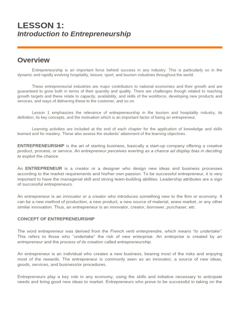 Entrepreneurship in Tourism and Hospitality | PDF | Entrepreneurship ...