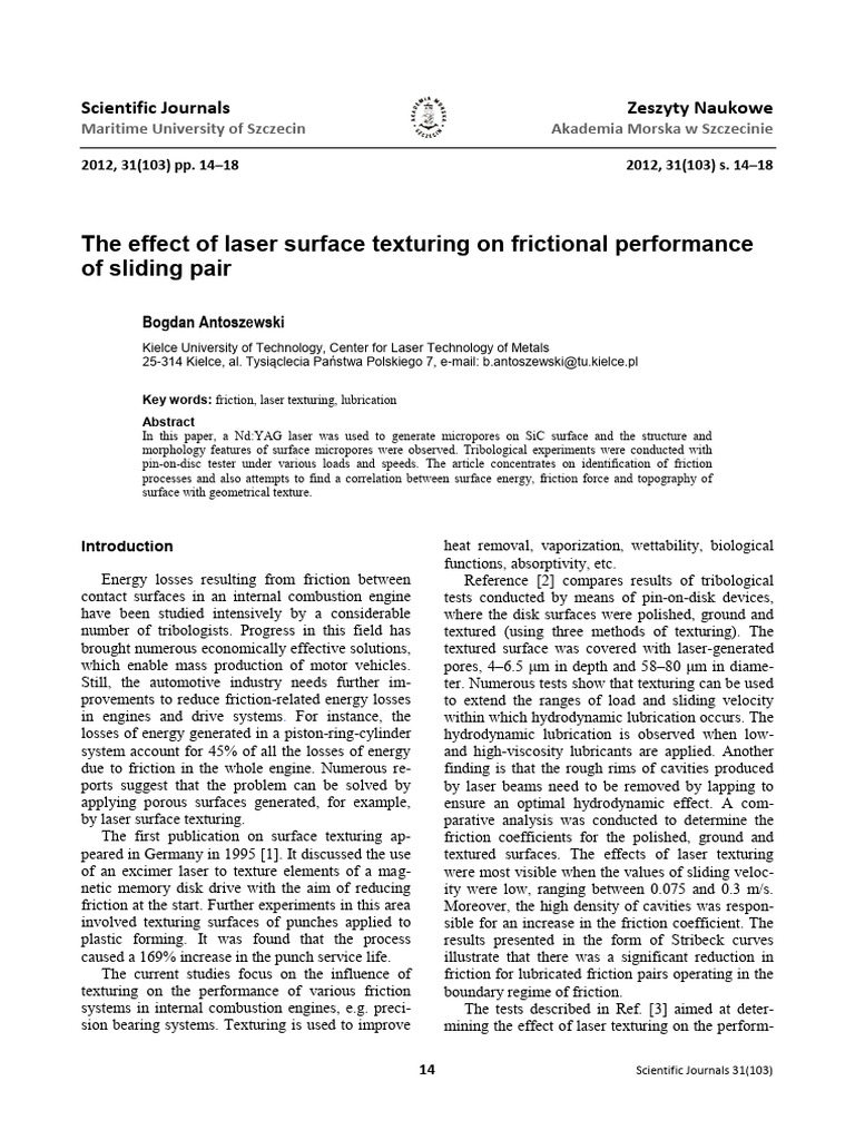 Laser Texturing Effects on Friction Performance | PDF | Friction | Laser