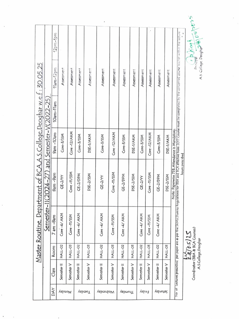 BCA Master Routine for Semesters I & V | PDF