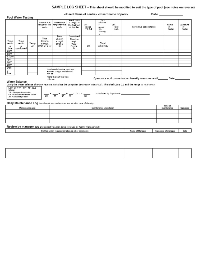 Pool Water Testing Log Sheet | PDF | Alkalinity | Analytical Chemistry