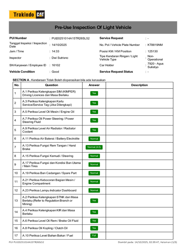 PreUseInspectionList2025!10!14 (Sample) | PDF | Vehicles | Car Body Styles