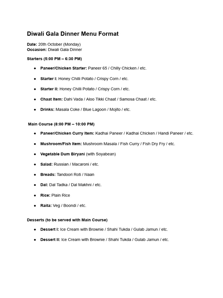 Diwali Gala Dinner Menu Format | PDF