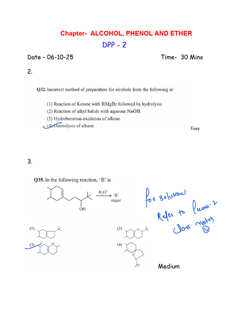 Alcohol, Phenol and Ether DPP-2 Answer Key | PDF