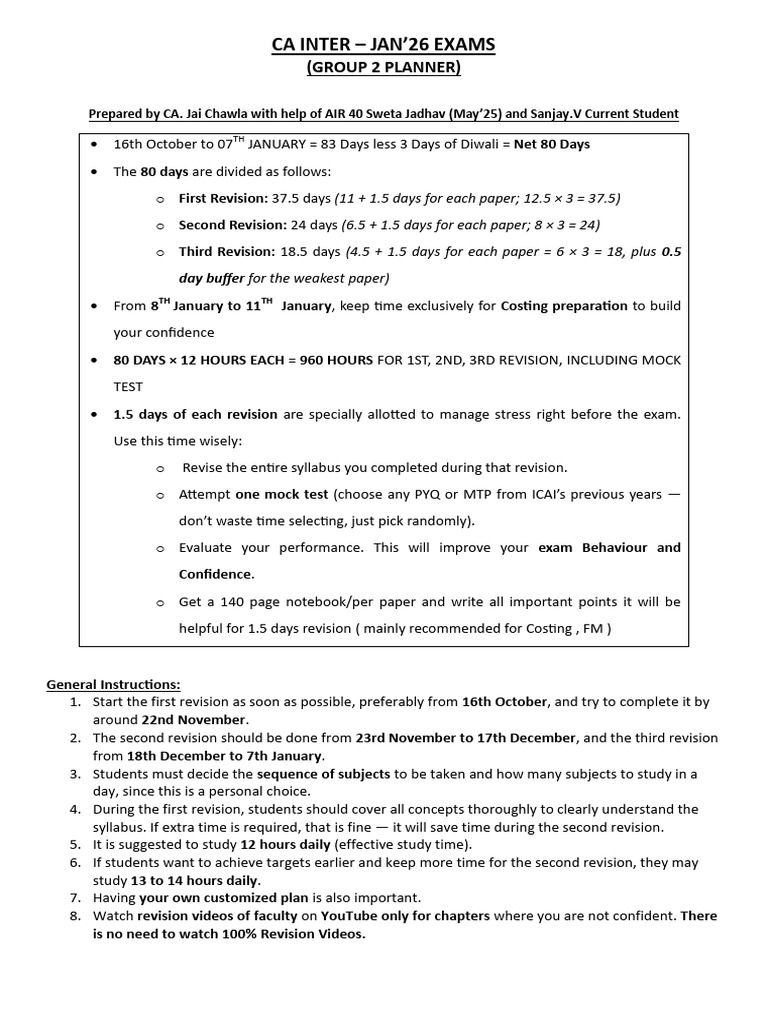 CA Inter Jan 2026 Exam Study Planner | PDF | Audit